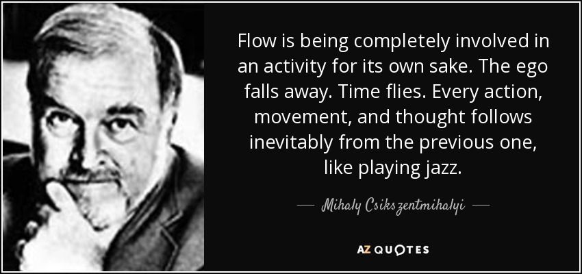 Mihaly Csikszentmihályi is pictured here, a white man with short white hair, moustache and beard. He invented the idea of ‘flow’ - here he is quoted as saying ‘Flow is being completely involved in an activity for its own sake. The ego falls away. Time flies. Every action, movement and though follows inevitably from the previous one, like playing jazz.’ In thinking about what is immersion, we got interested in flow and theatre.