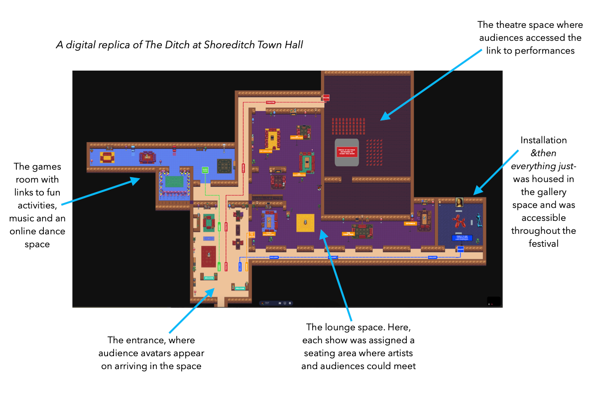 A map image of a building, showing five different spaces. The map has a retro computer aesthetic. This was the space that UPSTART used to host their festival of immersive and playable theatre in, in 2021. 