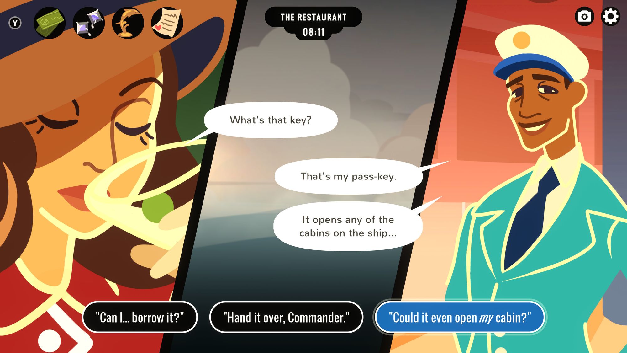 What is immersion? Games like Inkle’s Overboard create immersion through absorption by getting the right level of challenge. There’s a lot we can can learn from games about flow and theatre. Here Veronica (the glamorous protagonist, who is drinking a martini) persuades the Commander to give her his pass-key to all the doors on the ship.