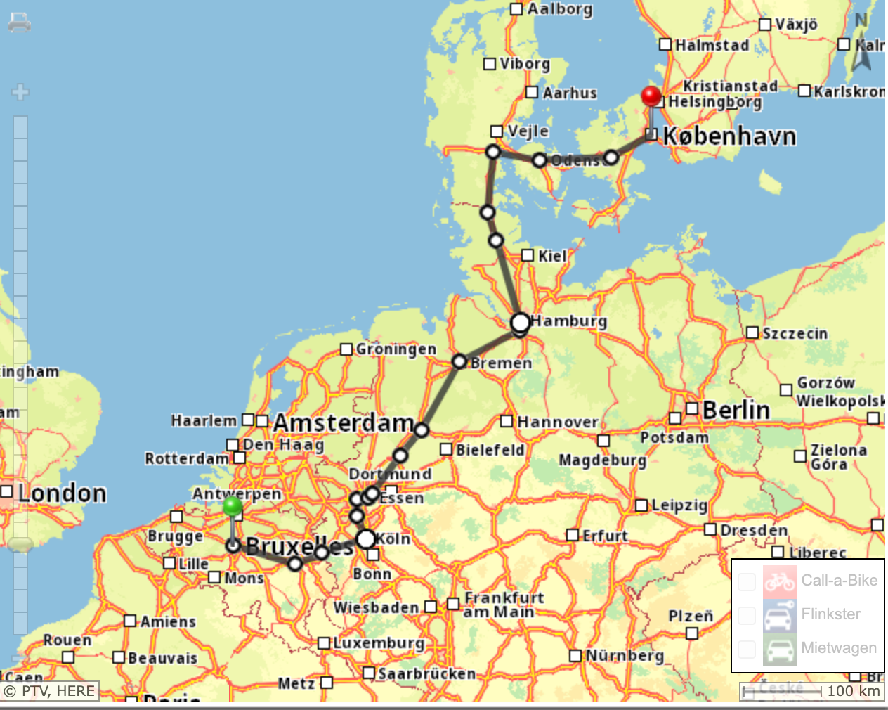 a map of the train route, which goes from Brussels to Cologne, then to Hamburg via Amsterdam and then up through Denmark to Copenhagen.